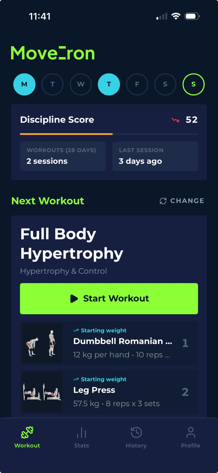MoveIron app showing the Discipline Score and the next workout