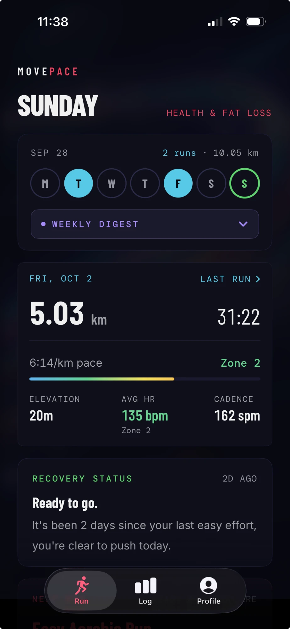 MovePace app showing the weekly view, last run stats, and recovery status